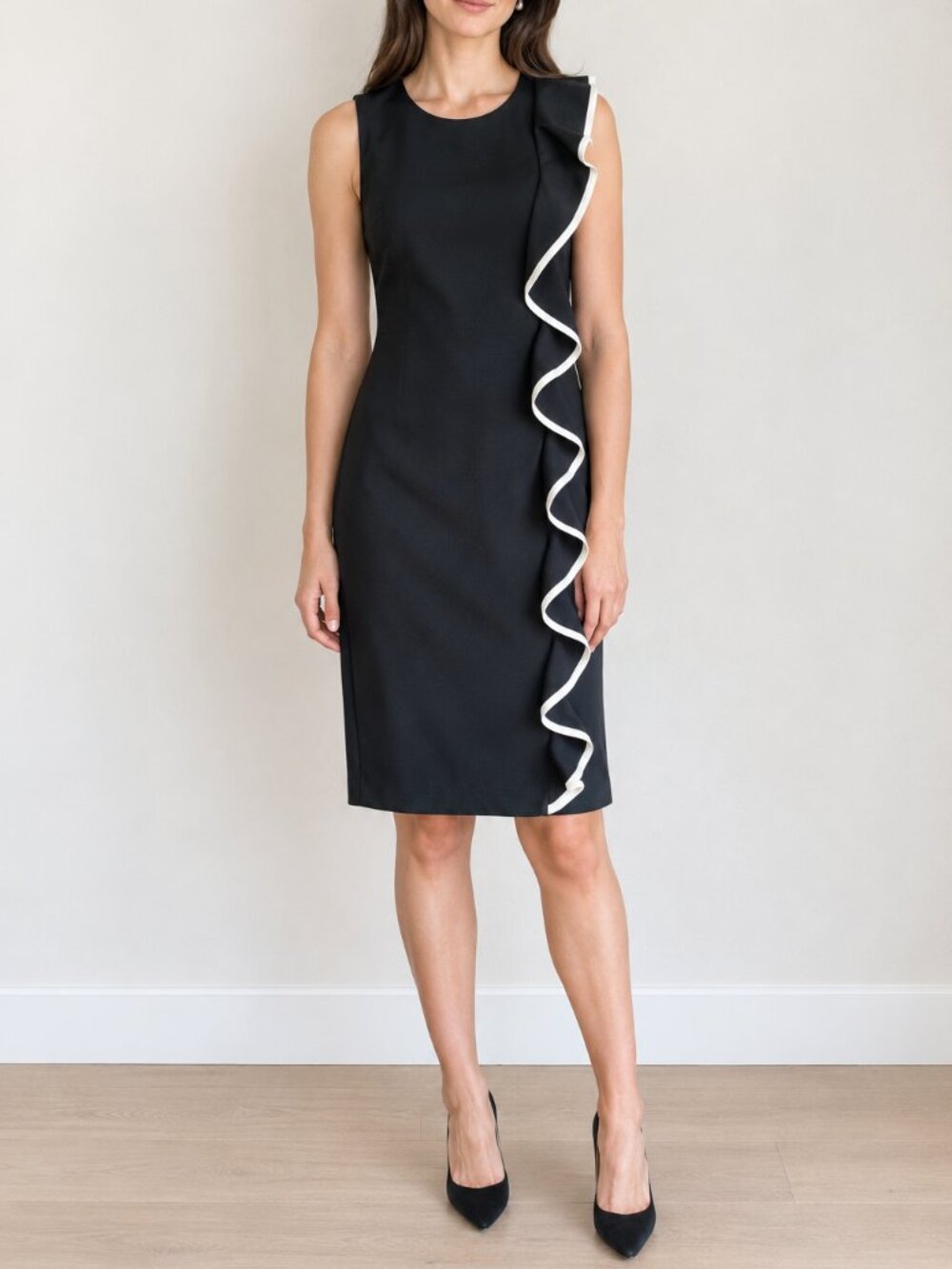 Calvin Klein sheath dress 6 ruffle black white
